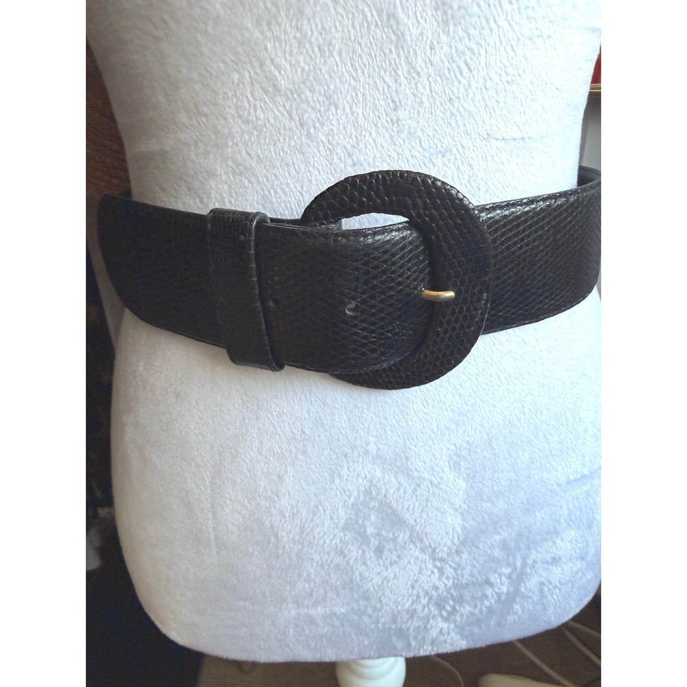 Allen Solly Black Genuine Lizard Skin Wide Belt Round Buckle Vintage Style